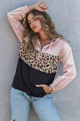 Black Leopard Patchwork Half Zip Pocketed Pullover Hoodie