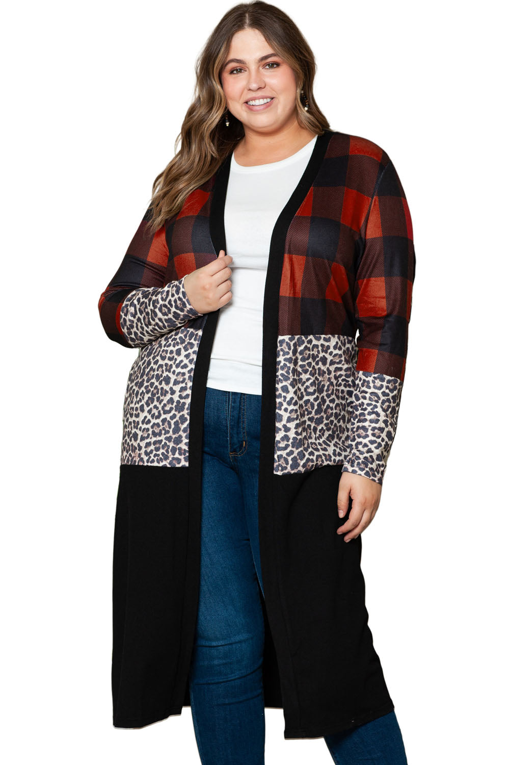 Red Buffalo Plaid Leopard Colorblock Plus Size Duster Cardigan