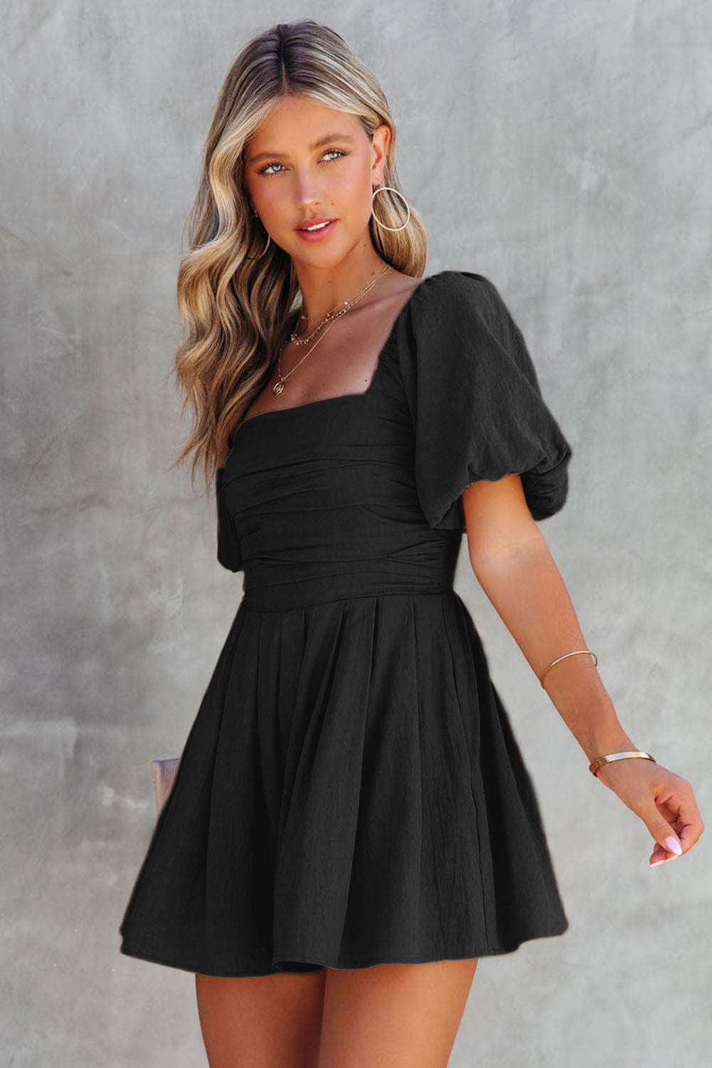 Brown Square Neck Ruched Puff Sleeve Romper