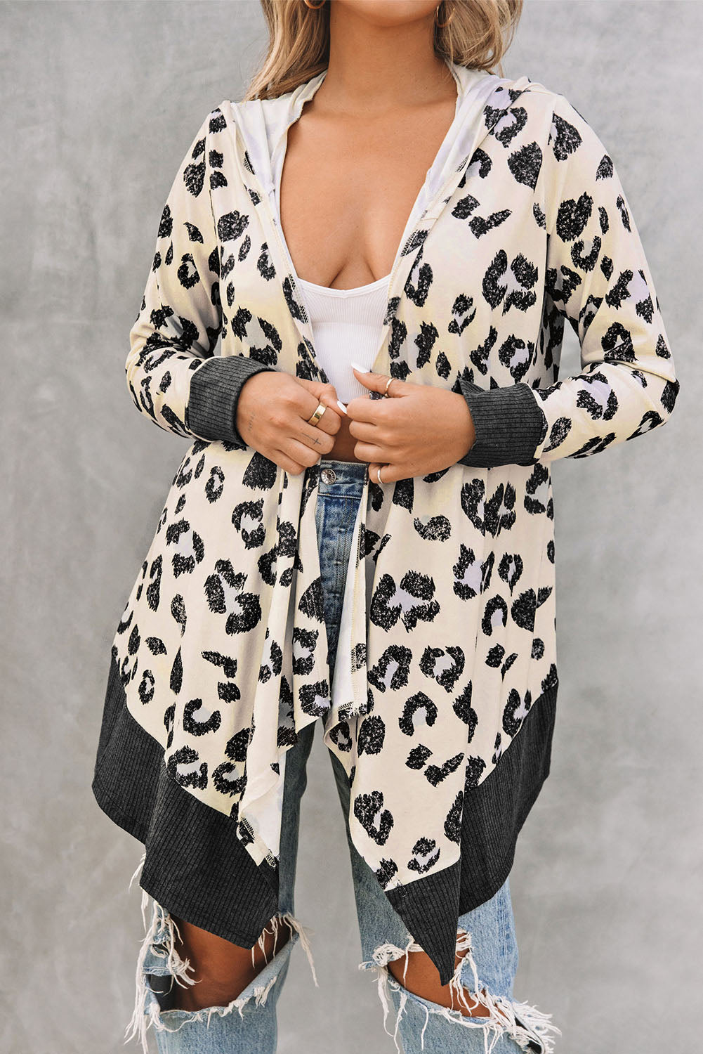 Leopard Print Hooded Open Front Cardigan