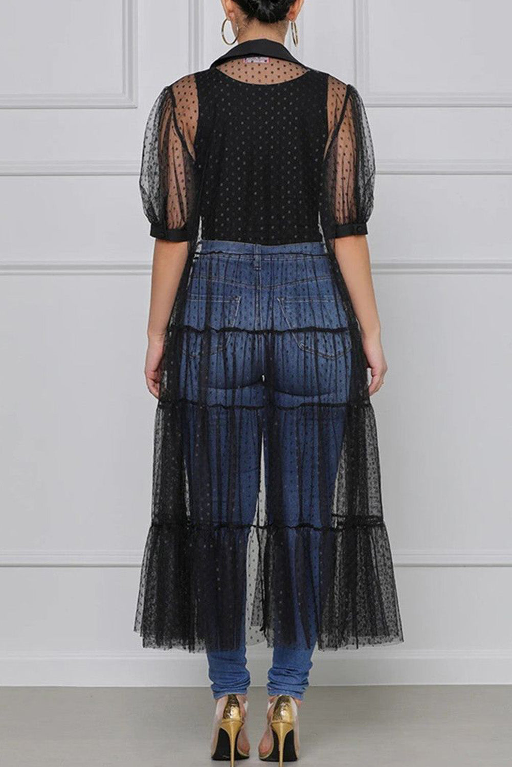Black Polka Dot Button Up Short Sleeve Sheer Kimono