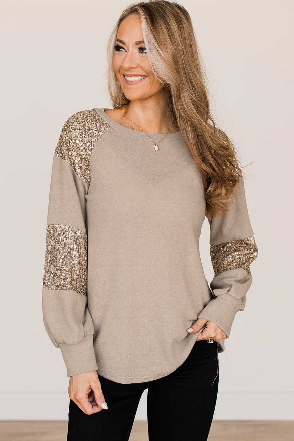 Flaxen Sequin Patched Long Sleeve Top