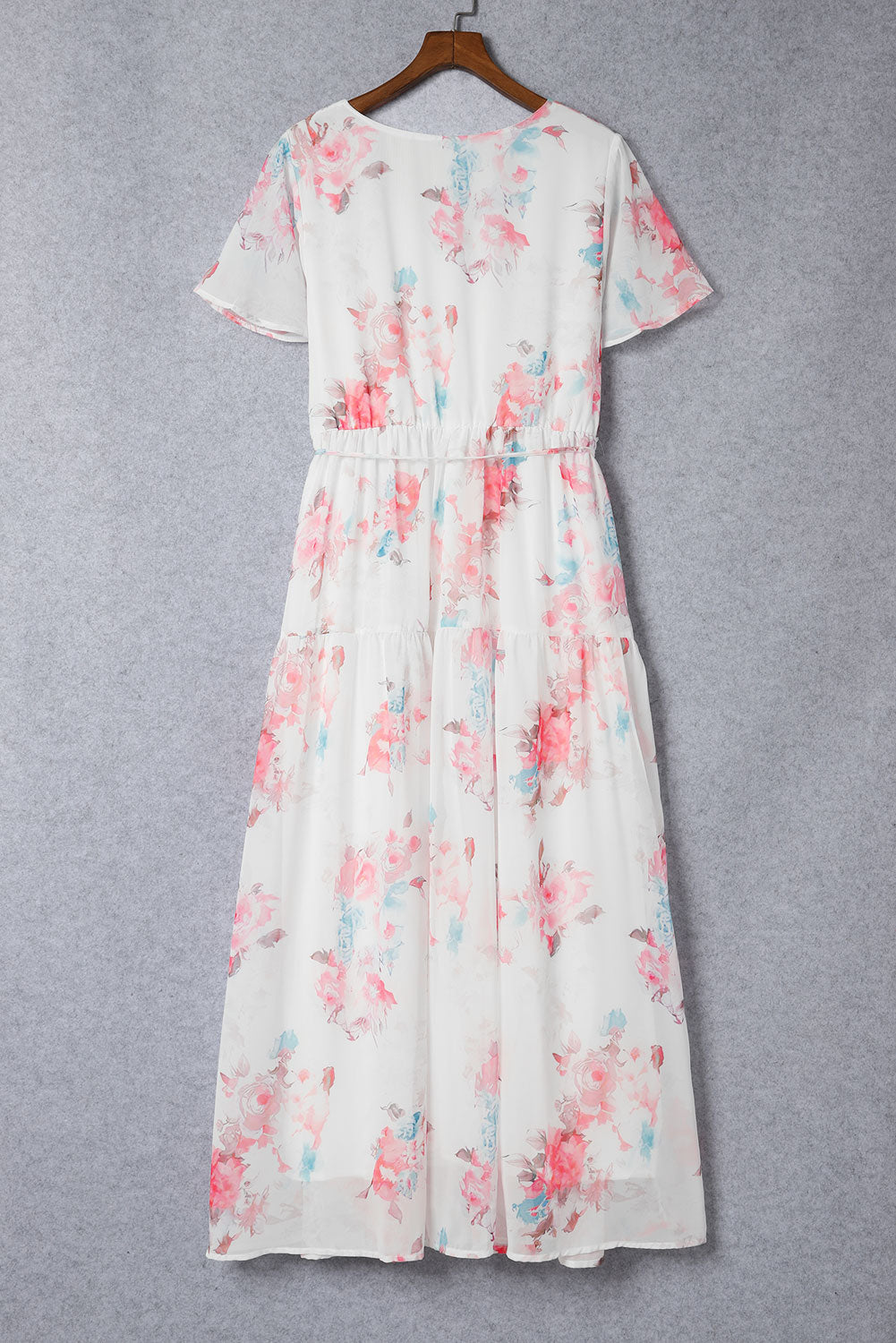 White V Neck Short Sleeves Floral Print Maxi Dress