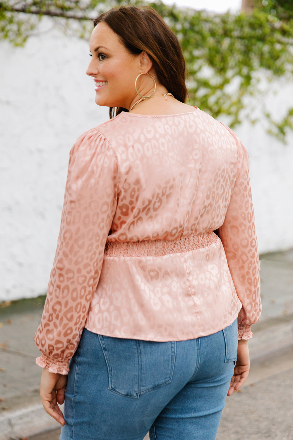 Pink Plus Size Leopard Satin Peplum Top