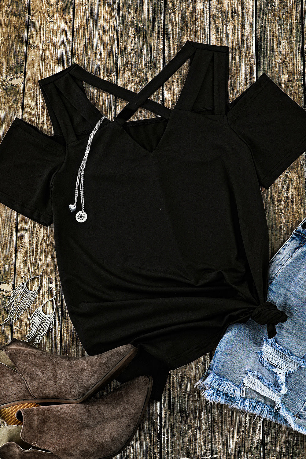 Black Criss-Cross Cut Out Short Sleeve Top