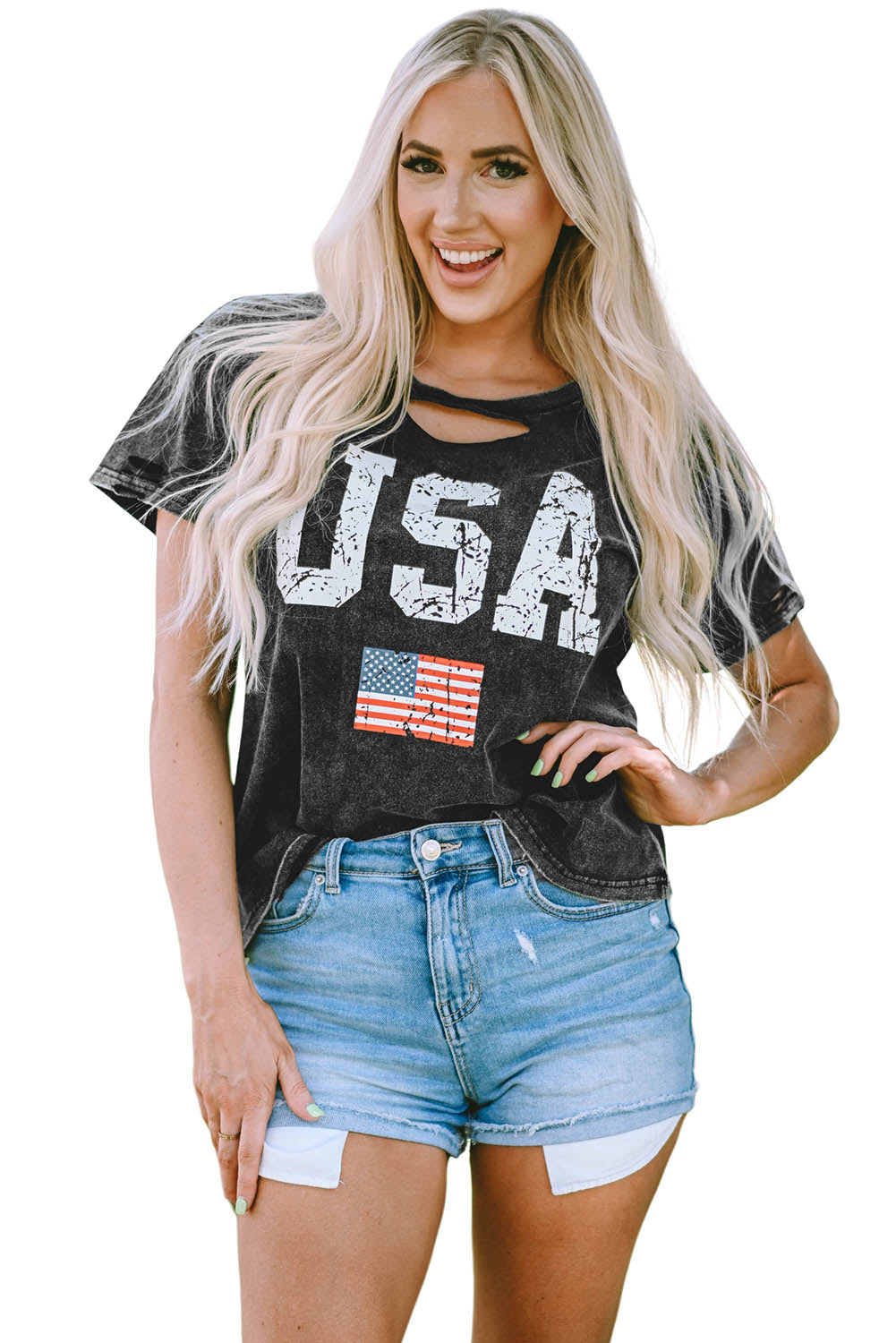 Black Distressed Tie-dye USA Flag Print T-shirt