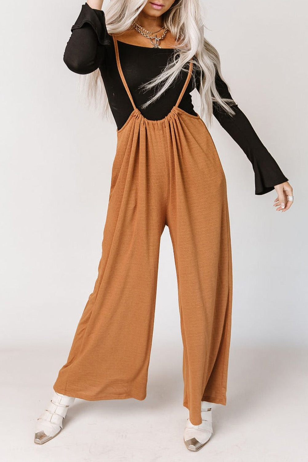 Orange High Rise Wide Leg Suspender Pants