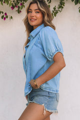 Sky Blue Short Bubble Sleeve Snap Button Denim Shirt