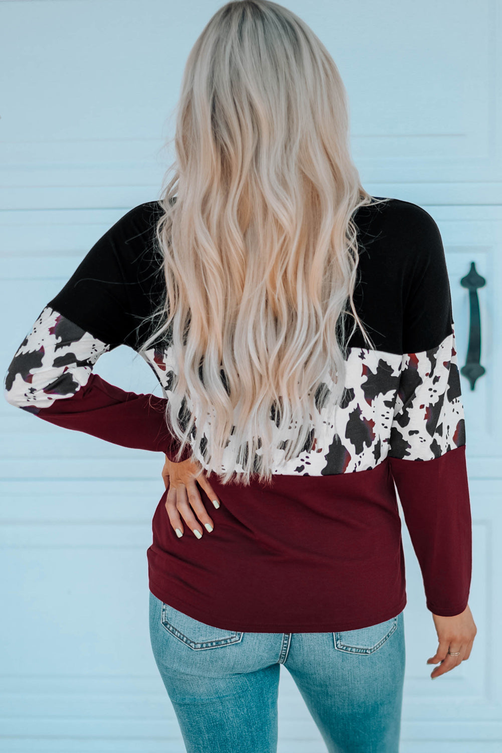 Cow Print Color Block Long Sleeve Blouse