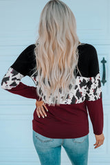 Cow Print Color Block Long Sleeve Blouse