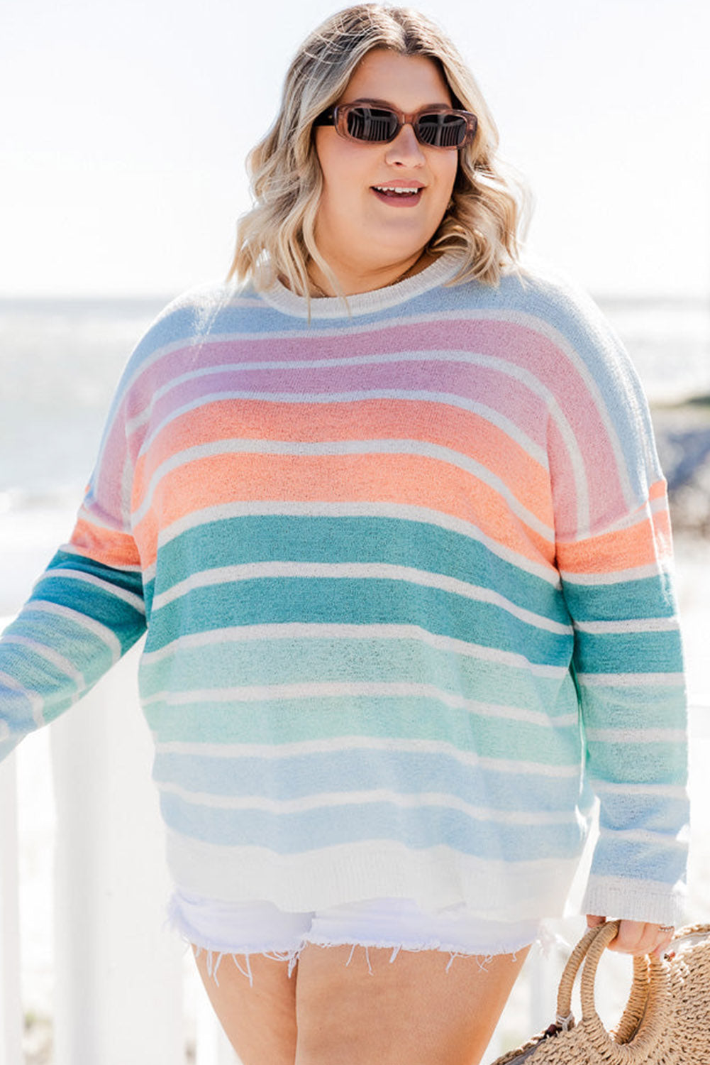 Multicolor Striped Long Sleeve Crewneck Plus Size Sweater