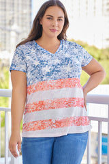 Sky Blue Plus Size Vintage American Flag Print V Neck T Shirt