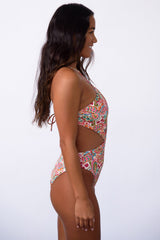 Multicolor Floral Print O-ring Lace-up Backless One Piece Swimsuit