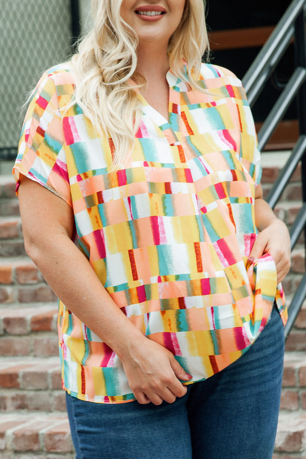 Yellow Geometric Print V Neck Plus Size T Shirt