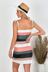 Black Spaghetti Straps Striped Drawstring Waist Mini Dress