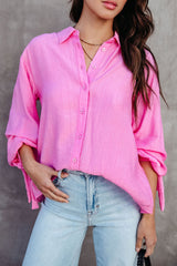 Pink Split Back Tie Knot Buttoned Long Sleeve Shirt