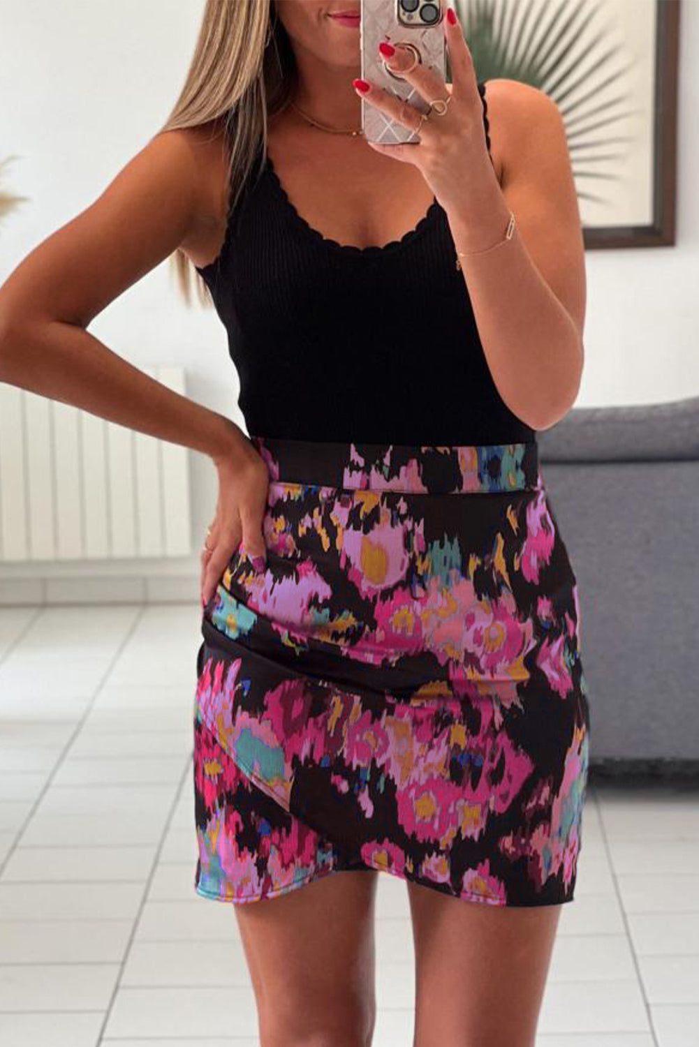 Black Abstract/Leopard Print Wrap Hem Mini Skirt