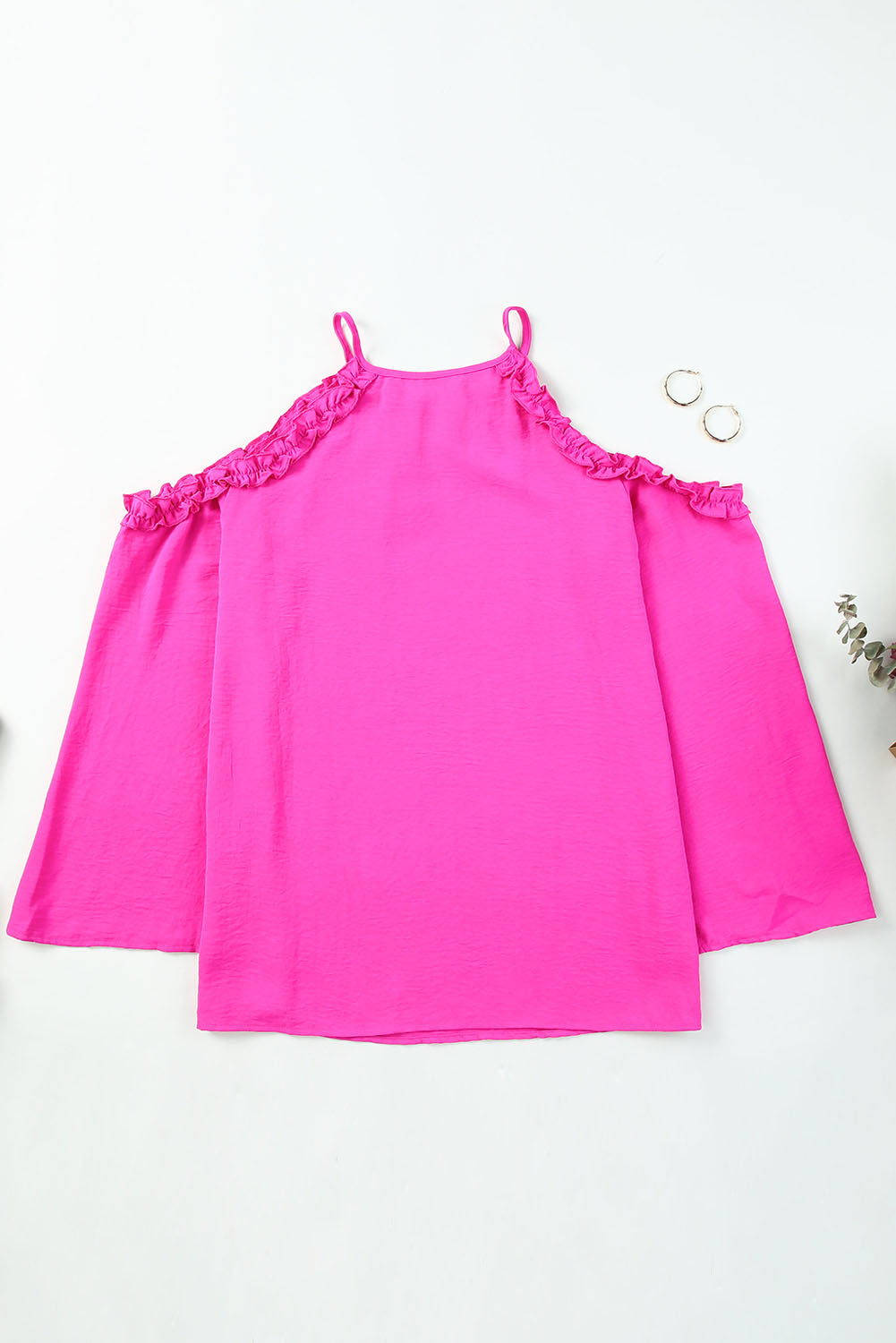 Rose Ruffled Cold Shoulder Long Sleeve Top