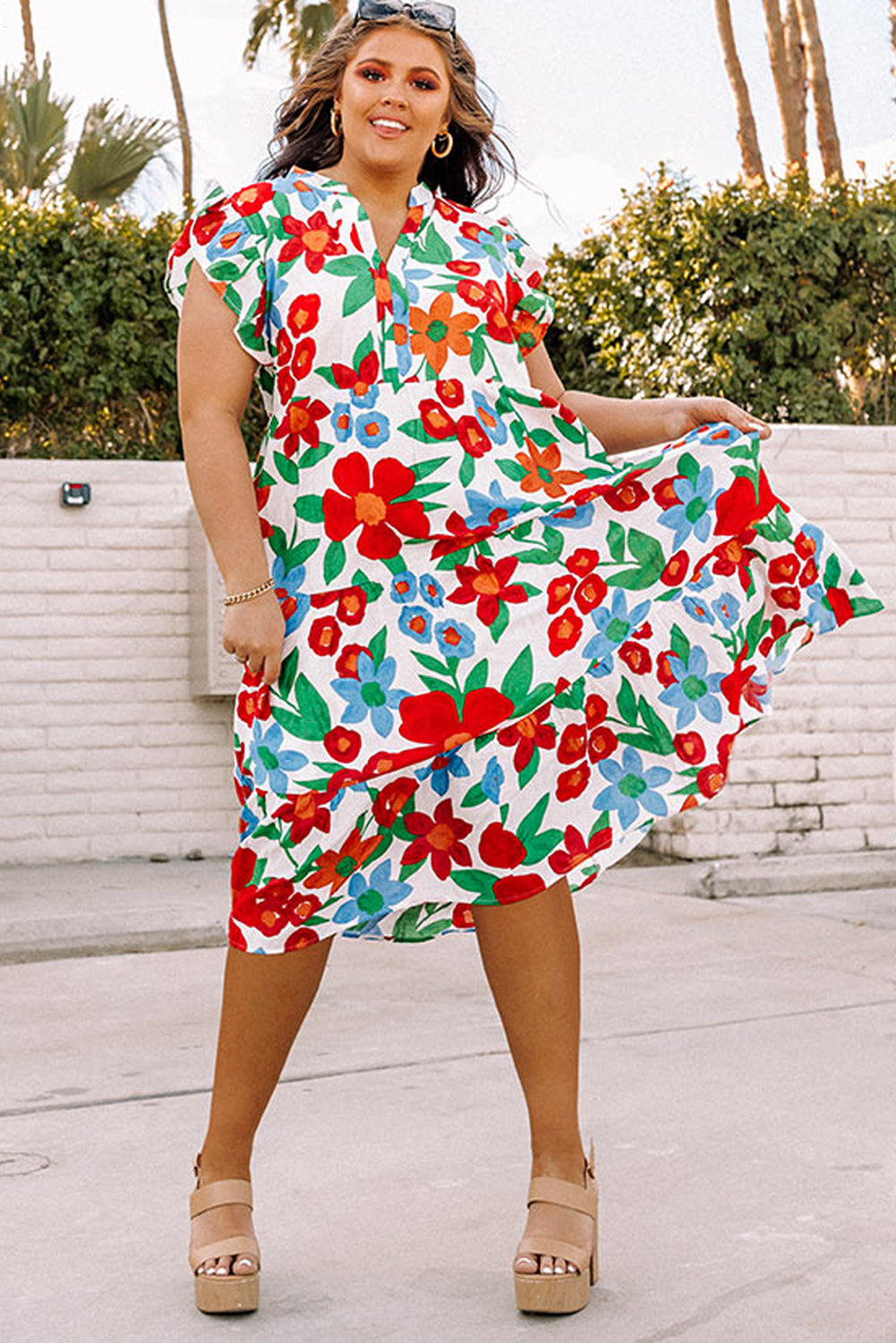 Multicolor Flutter Sleeve V Neck High Waist Floral Midi Dress