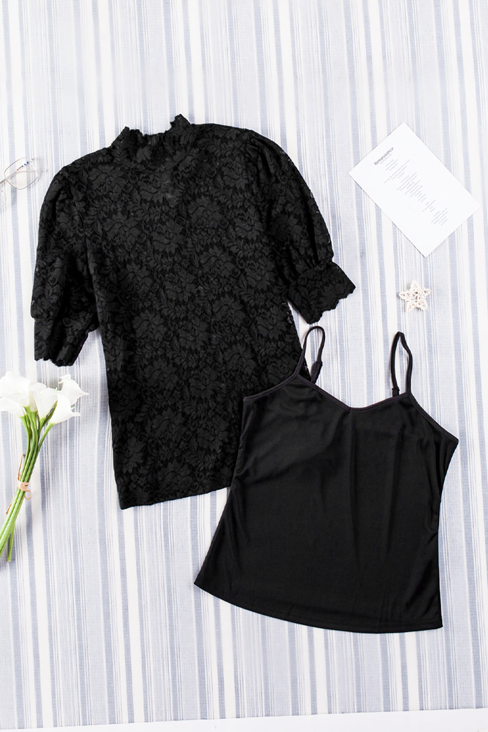 Black High Neck Lace Short Sleeve Top