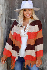 Multicolor Striped Knit Frayed Hem Cardigan