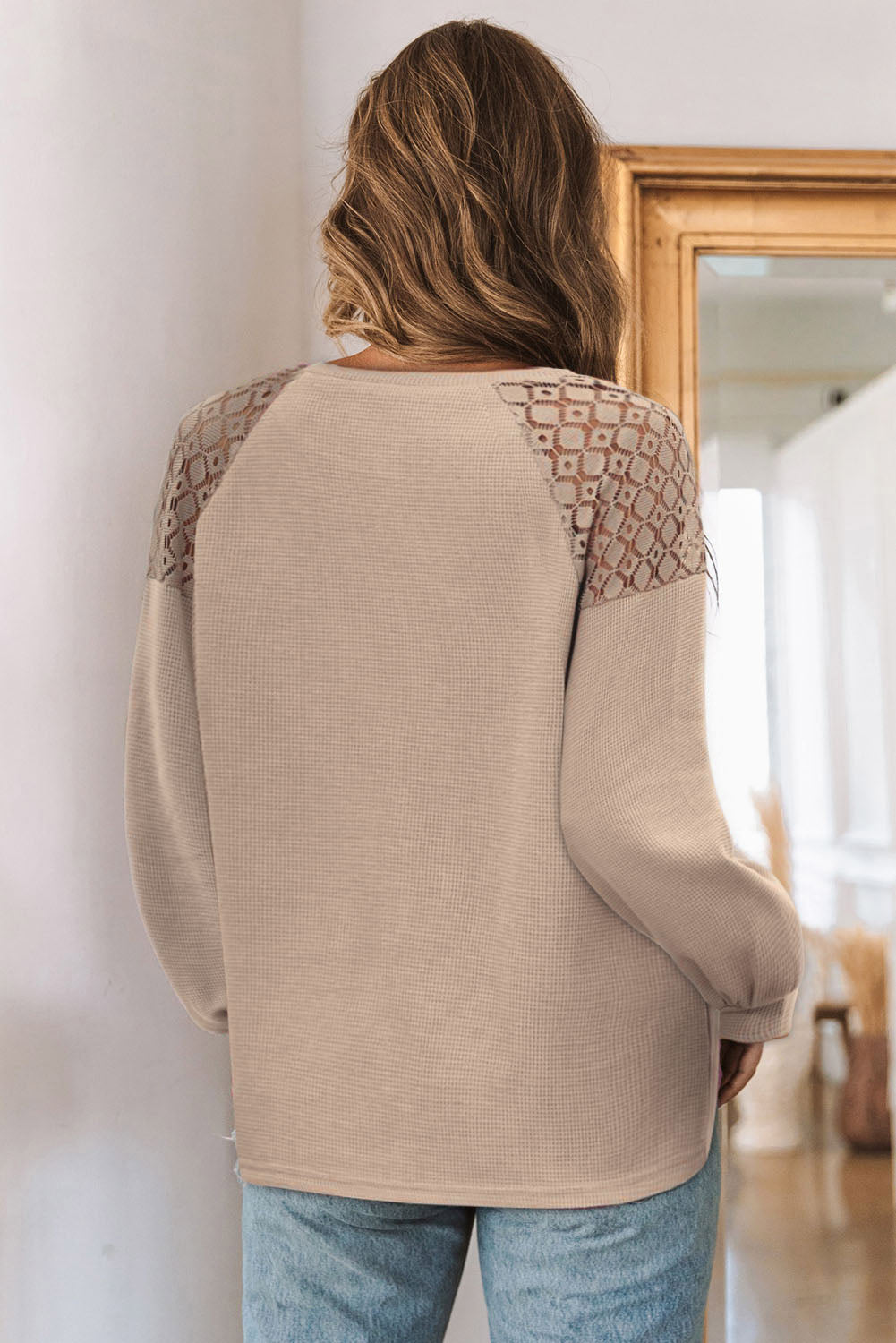 Khaki Lace Shoulder Patch Waffle Knit Long Sleeve Top