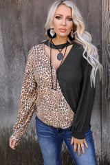 Half Leopard Keyhole Long Sleeve Top