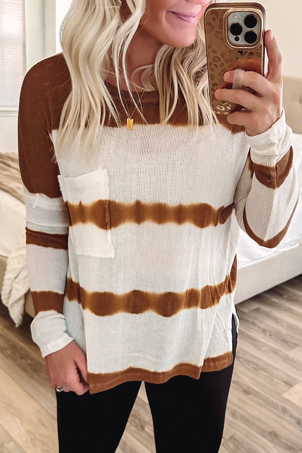 Gray Tie Dye Striped Loose Knitted Long Sleeve Top with Slits