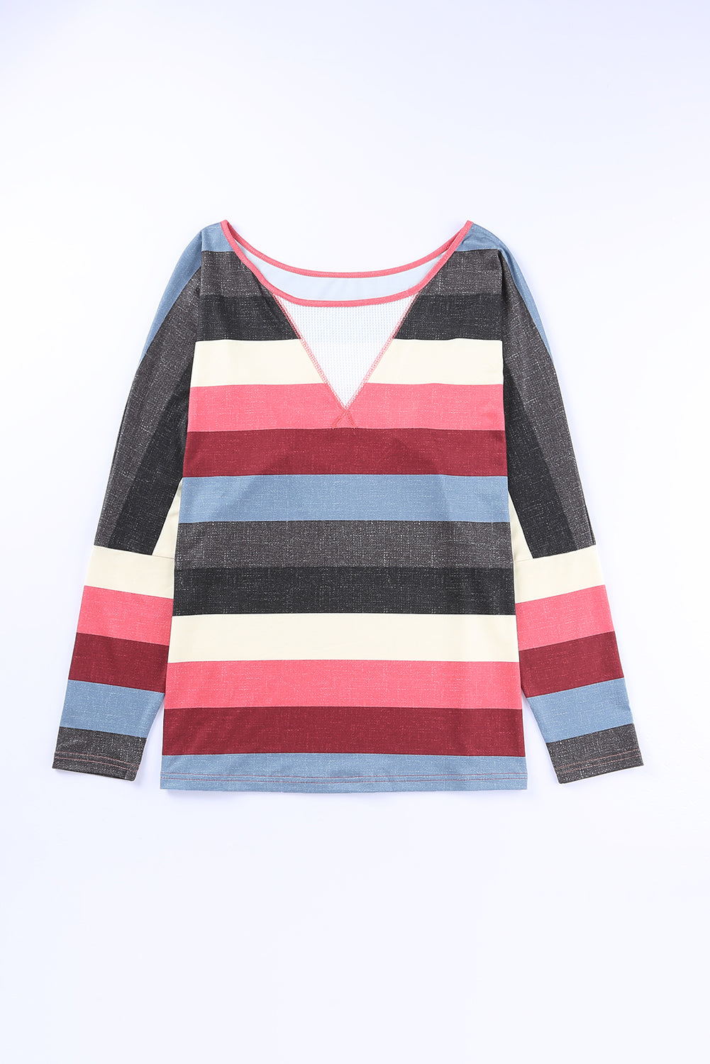 Multicolor Striped Mesh Splicing Round Neck Long Sleeve Top