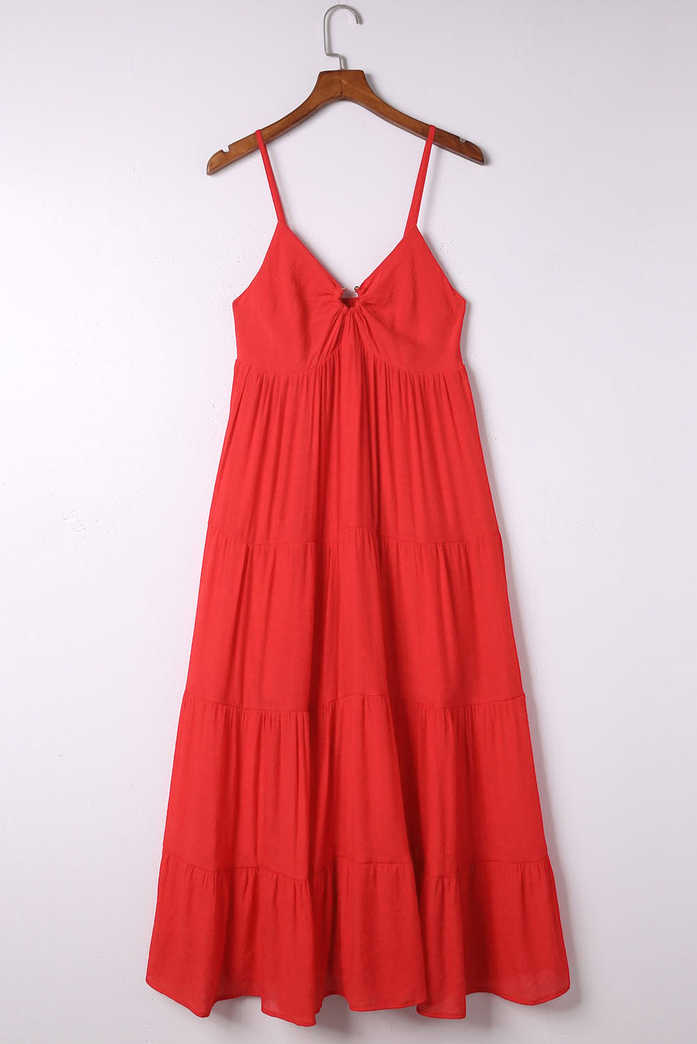 Red O-ring Smocked Back Spaghetti Straps Tiered Maxi Dress