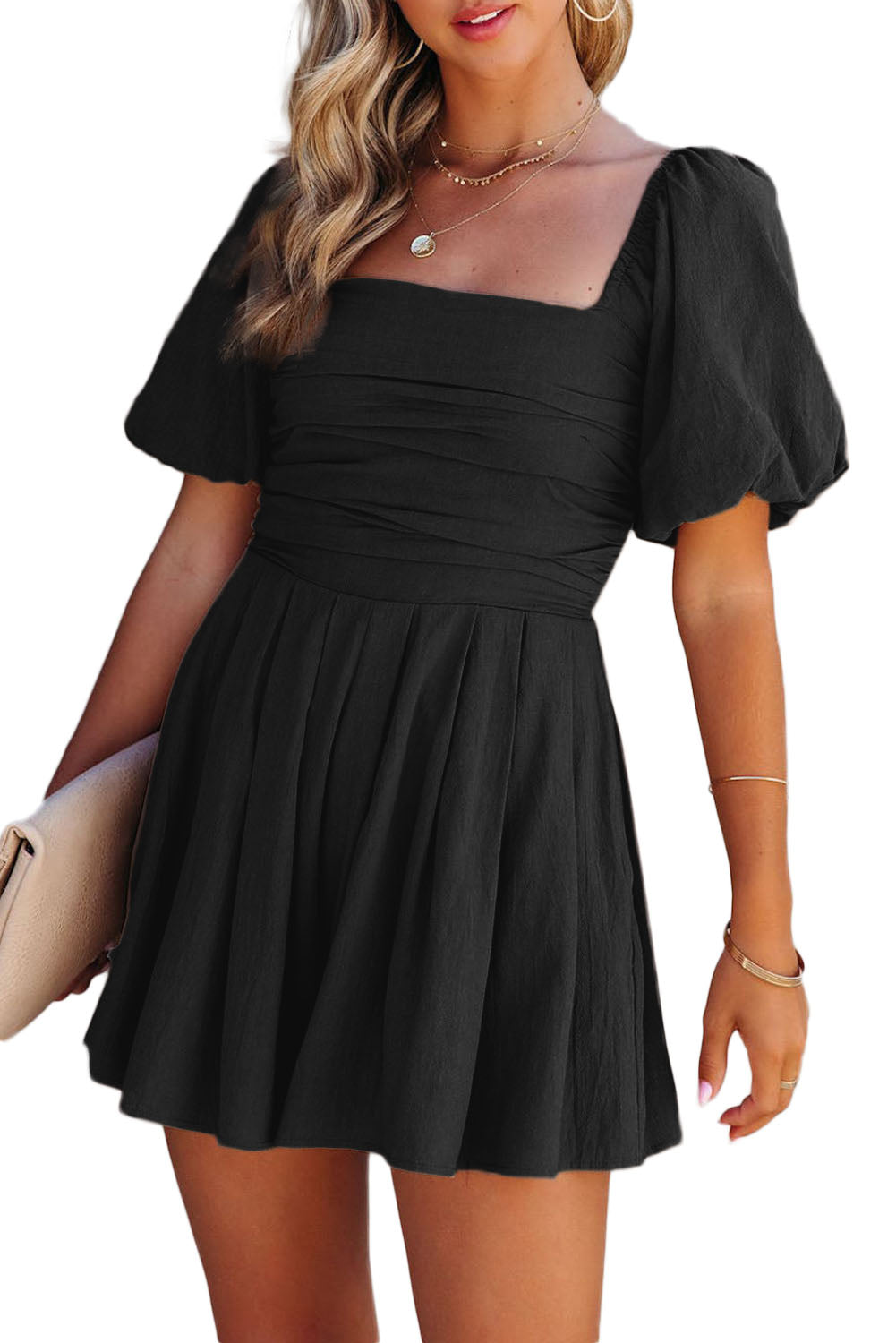 Brown Square Neck Ruched Puff Sleeve Romper