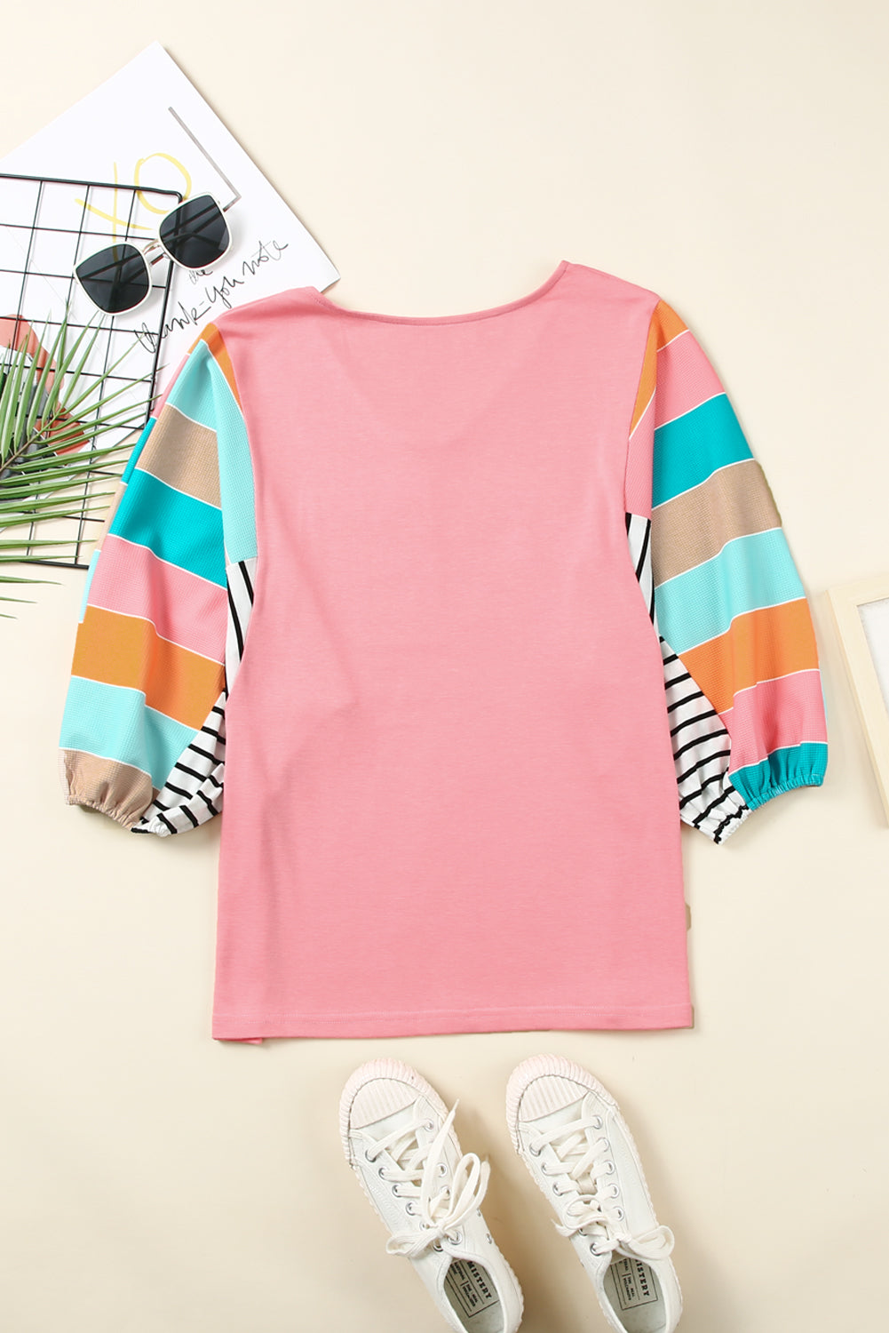 Rose Stripe Color Block Bubble Sleeve Top