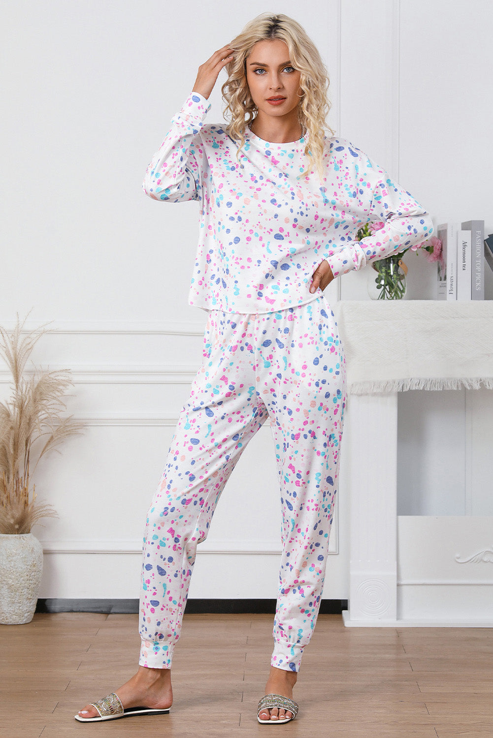 White Tie-dye Long Sleeve Crop Pullover and Joggers Lounge Set