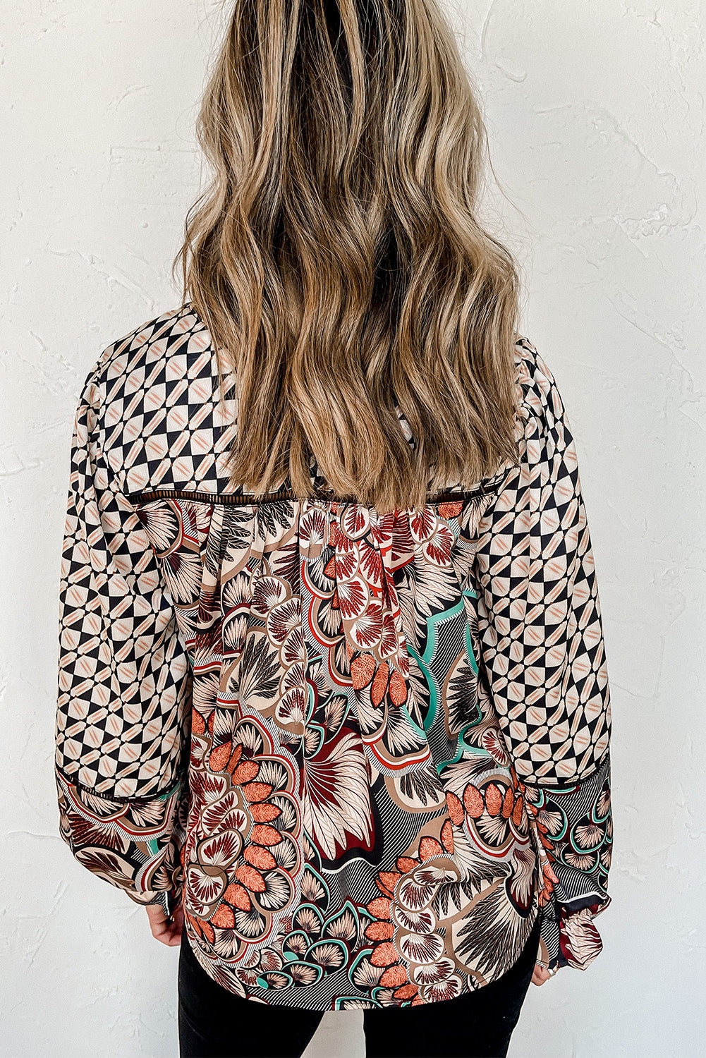 Black Black Black Mixed Floral Geometric Print Ruffled Long Sleeve Blouse