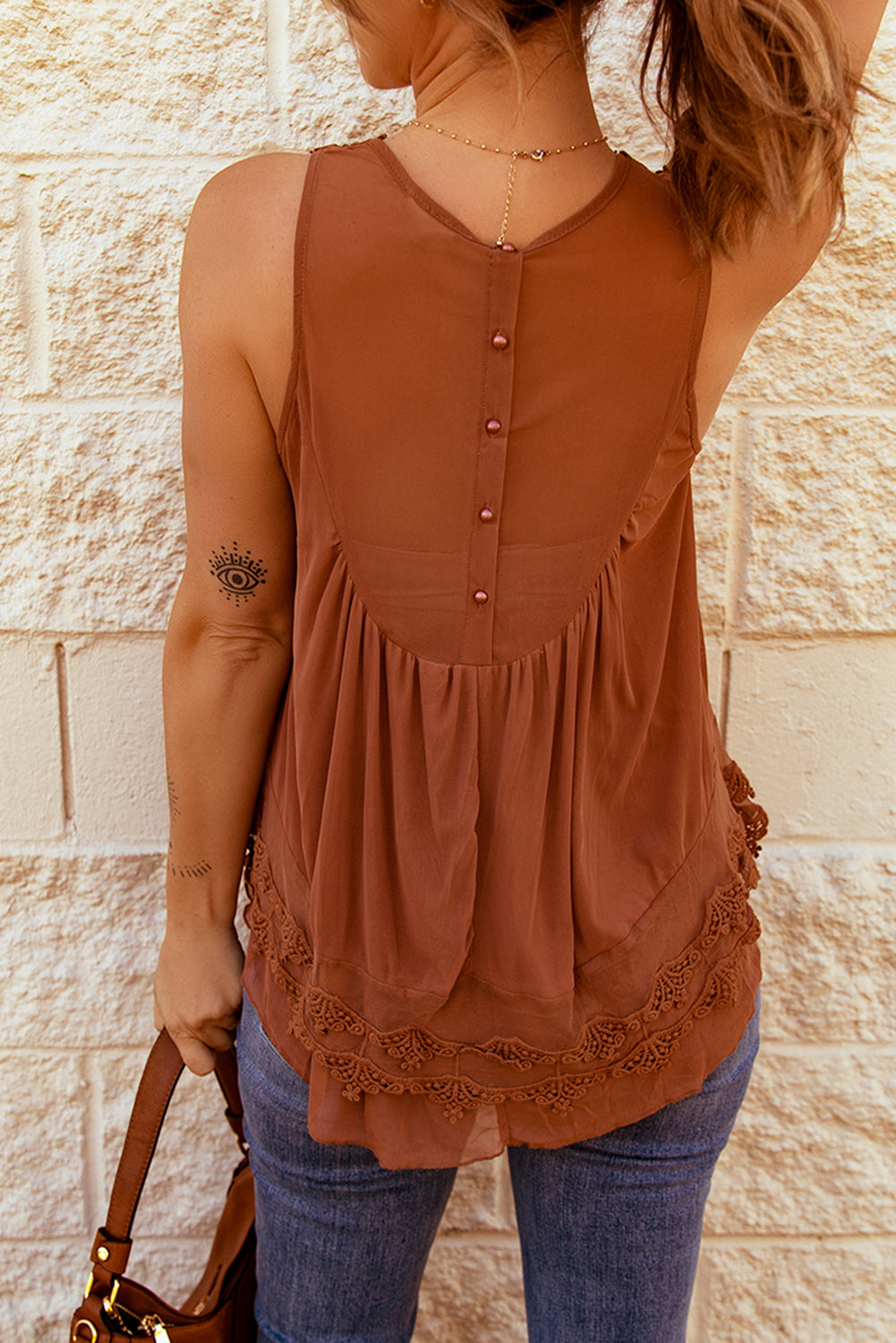 Black Lace Detail Buttons Back Sleeveless Top