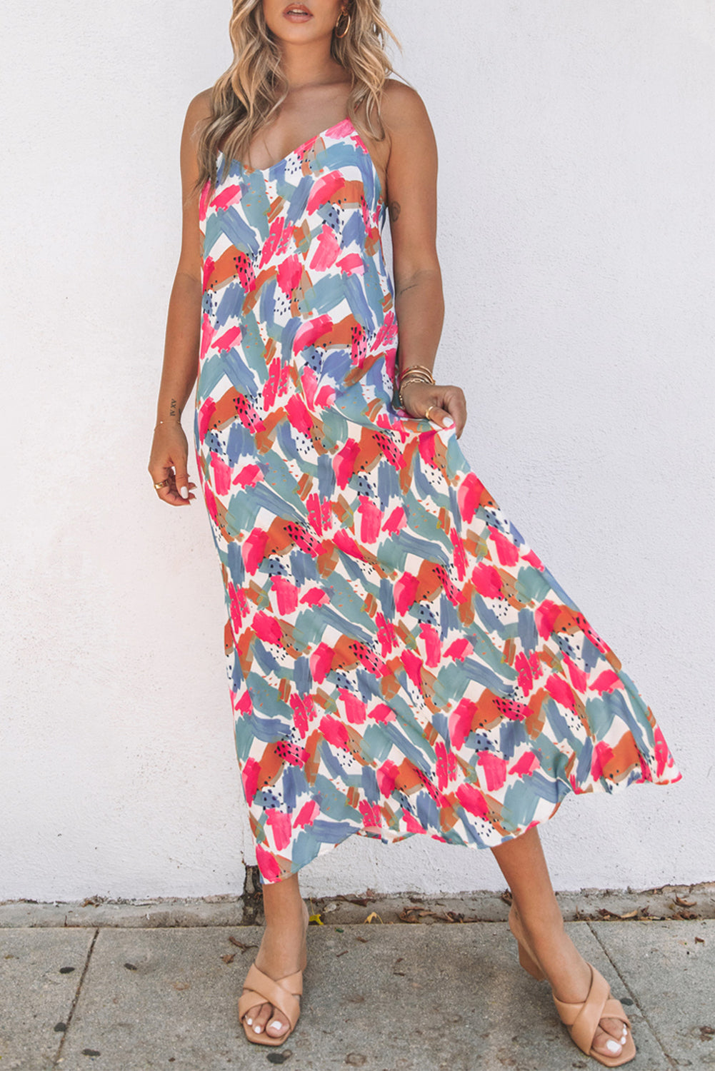 Multicolor Abstract Print Spaghetti Straps Maxi Dress