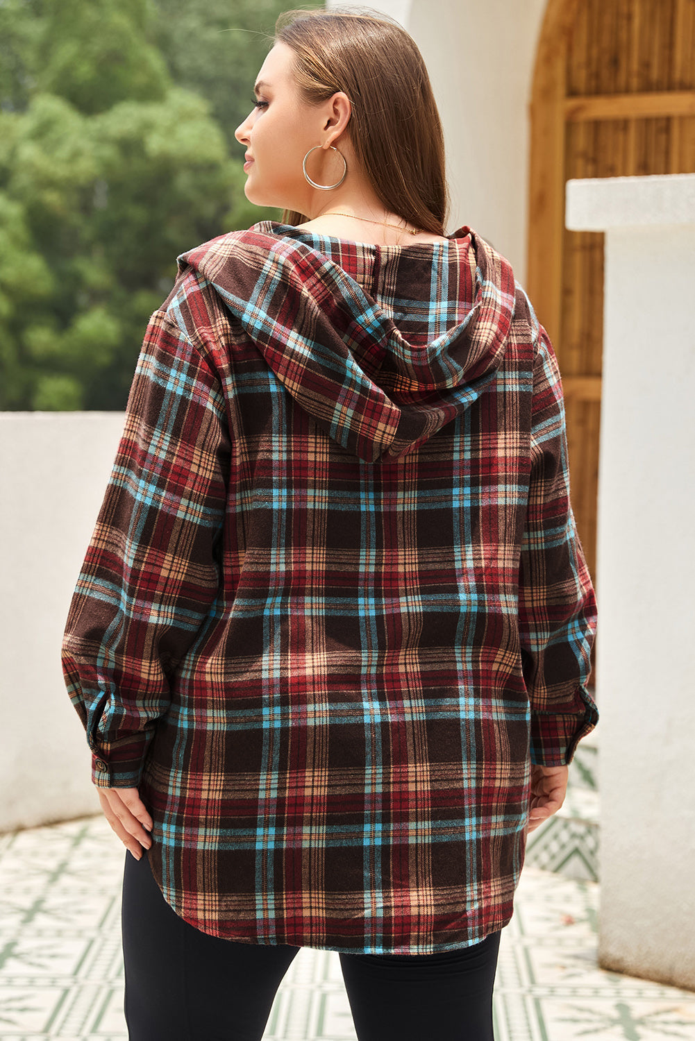 Green Plus Size Plaid Kangaroo Pocket Drawstring Hoodie