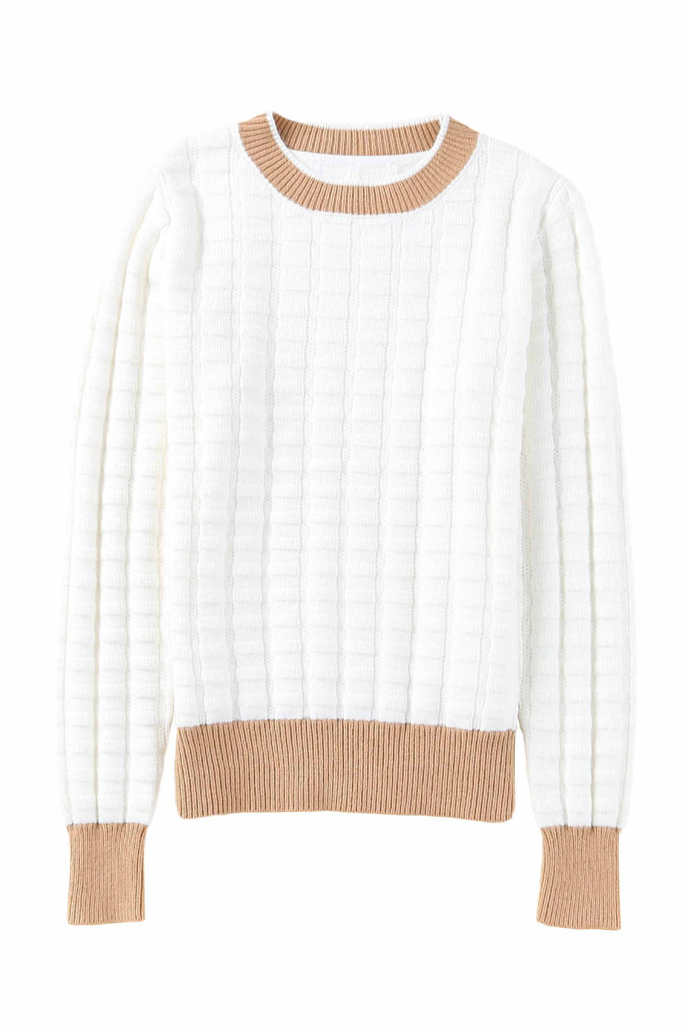 White Textured Knit Contrast Long Sleeve Sweater