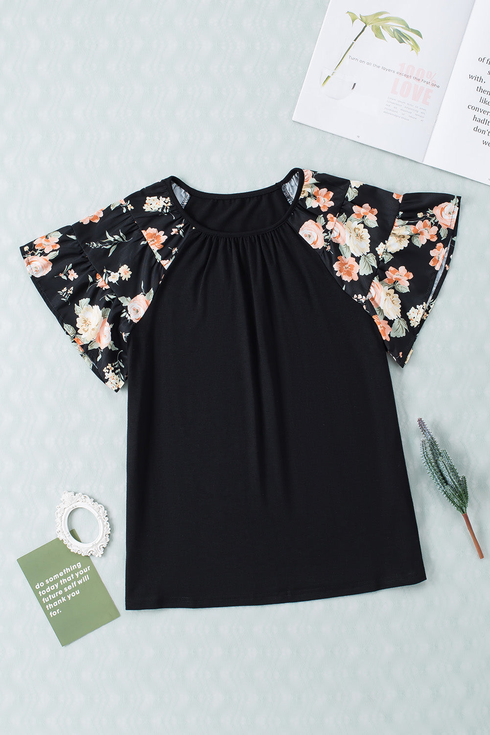 Black Tiered Floral Raglan Sleeve T Shirt