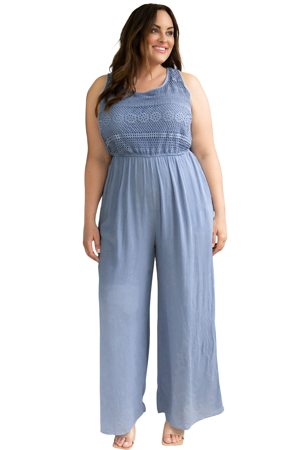 Blue Tie Back Crochet Tank Casual Plus Size Jumpsuit