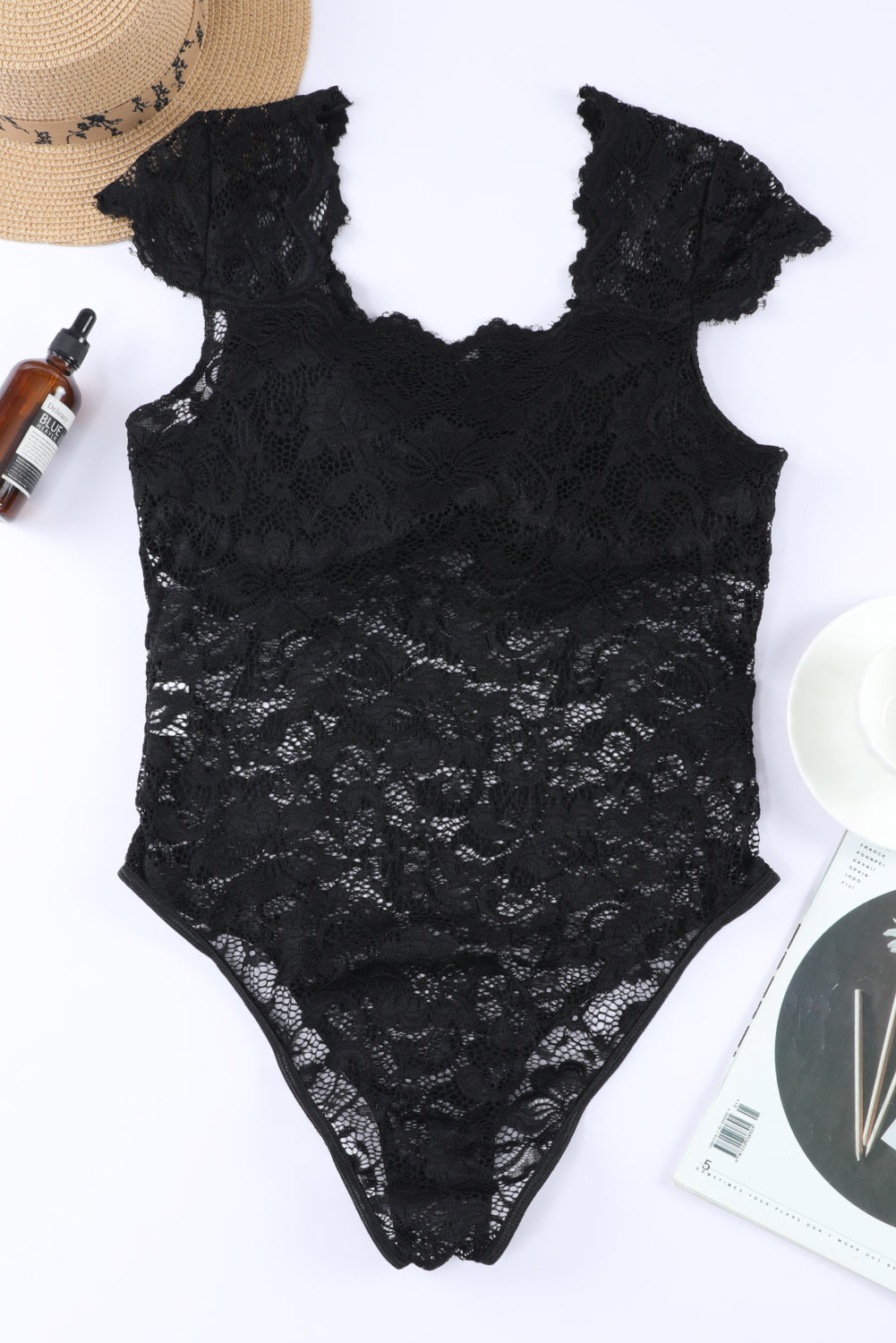 Black Floral Lace Scalloped Square Neck Bodysuit