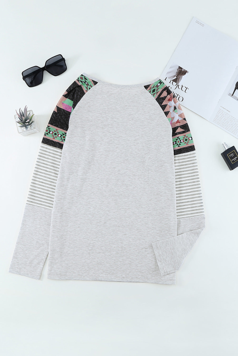 Round Neck Tribal Striped Raglan Top