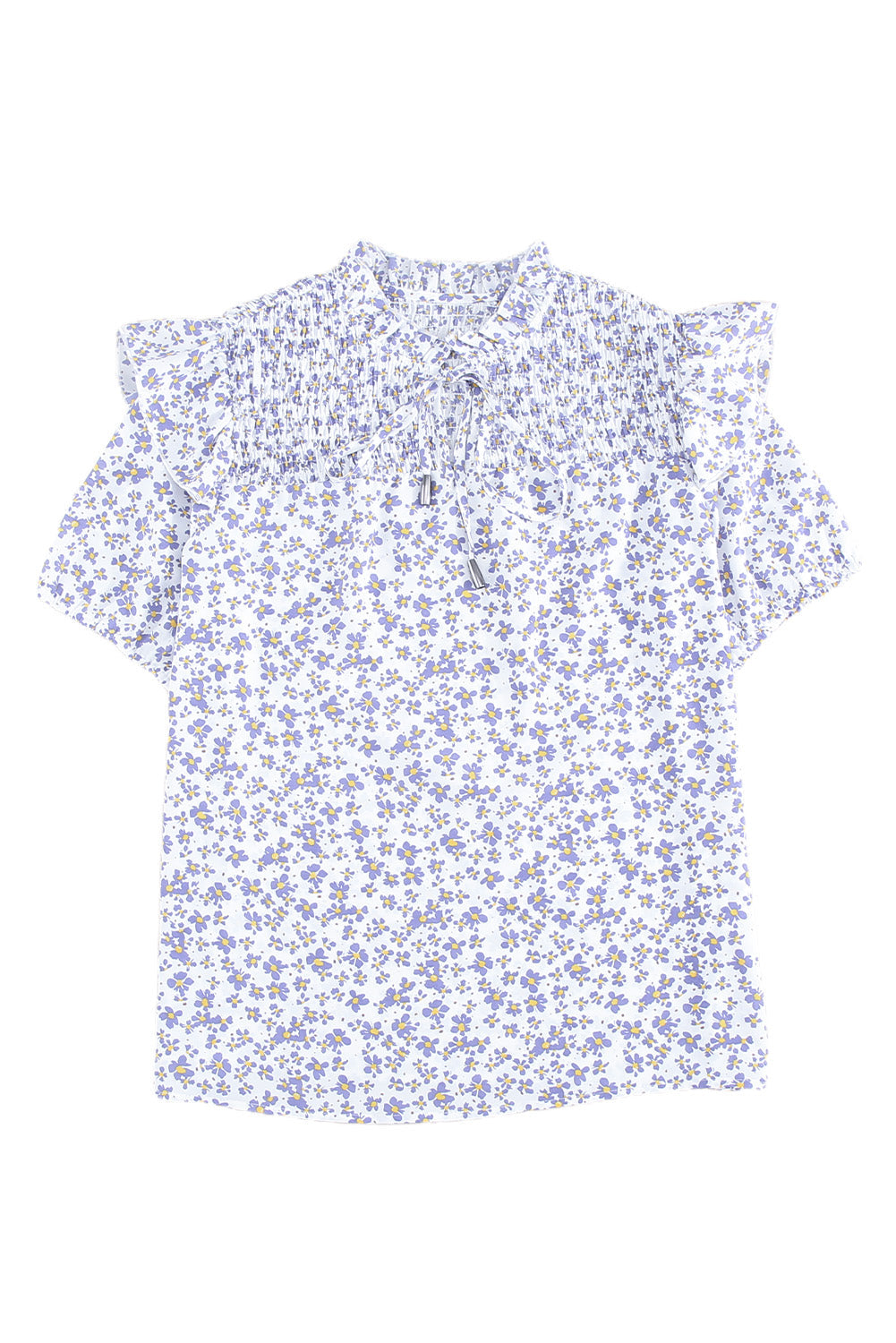 Purple Floral Print Smocked Ruffled V Neck T-shirt