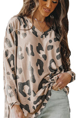 Khaki Leopard V Neck Drop Shoulder Long Sleeve Top