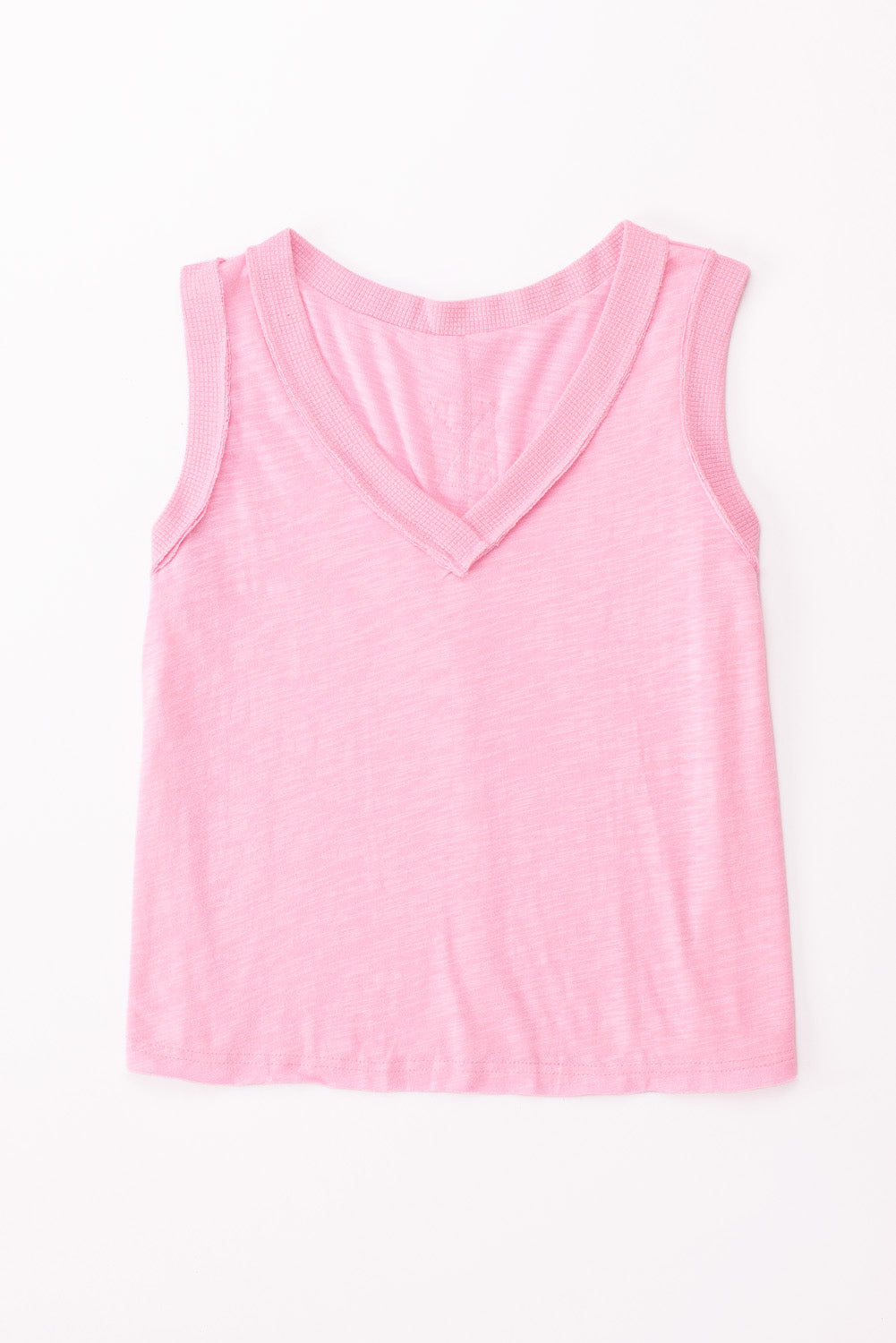 Pink V Neck Ribbed Trimming Tank Top