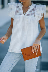 White Grid Pattern Ruffled Shoulder Top