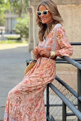 Pink Bohemian Floral Sexy V Neck Ruffle Maxi Dress