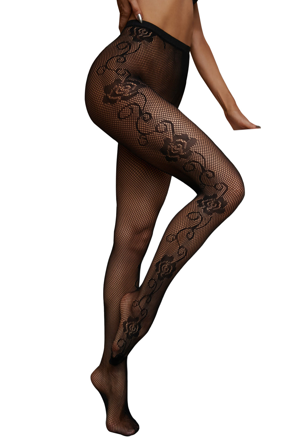 Black Swirling Rose Embroidery Sheer Fishnet Tights