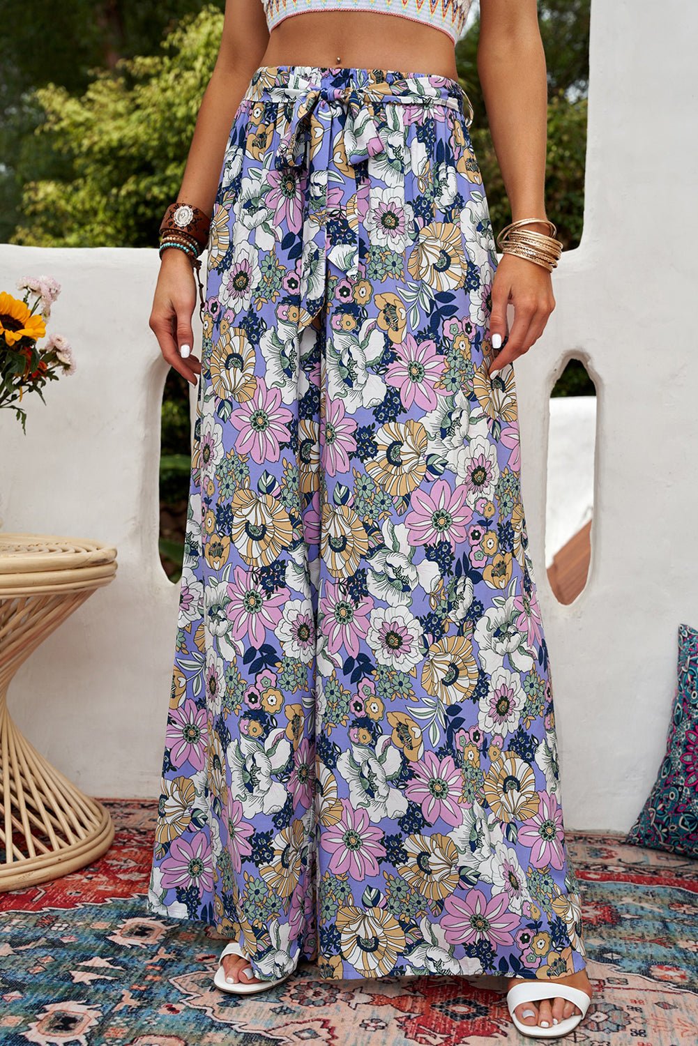 Purple Bohemian Floral Pattern High Waist Flared Pants