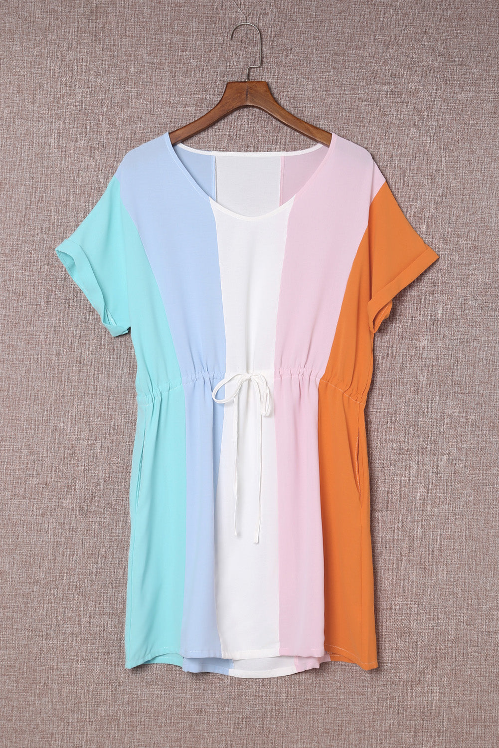 Color Block Tie Waist Rolled Short Sleeve Mini Dress with Pocket